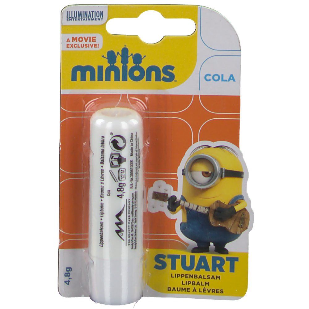 Baume à lèvres en étui blanc, emballé dans un blister jaune-orange avec un motif Minions. Inscription : Cola, Stuart, 4,8g.