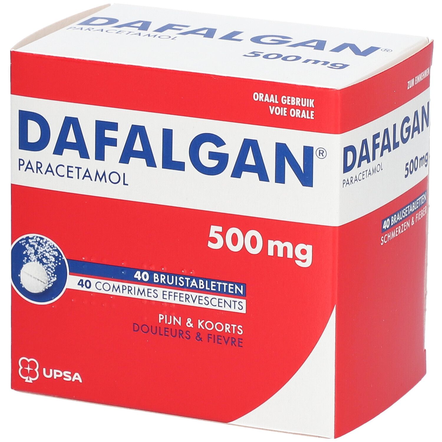 Boîte de Dafalgan Paracétamol 500mg, 40 comprimés effervescents. Emballage rouge et blanc.
