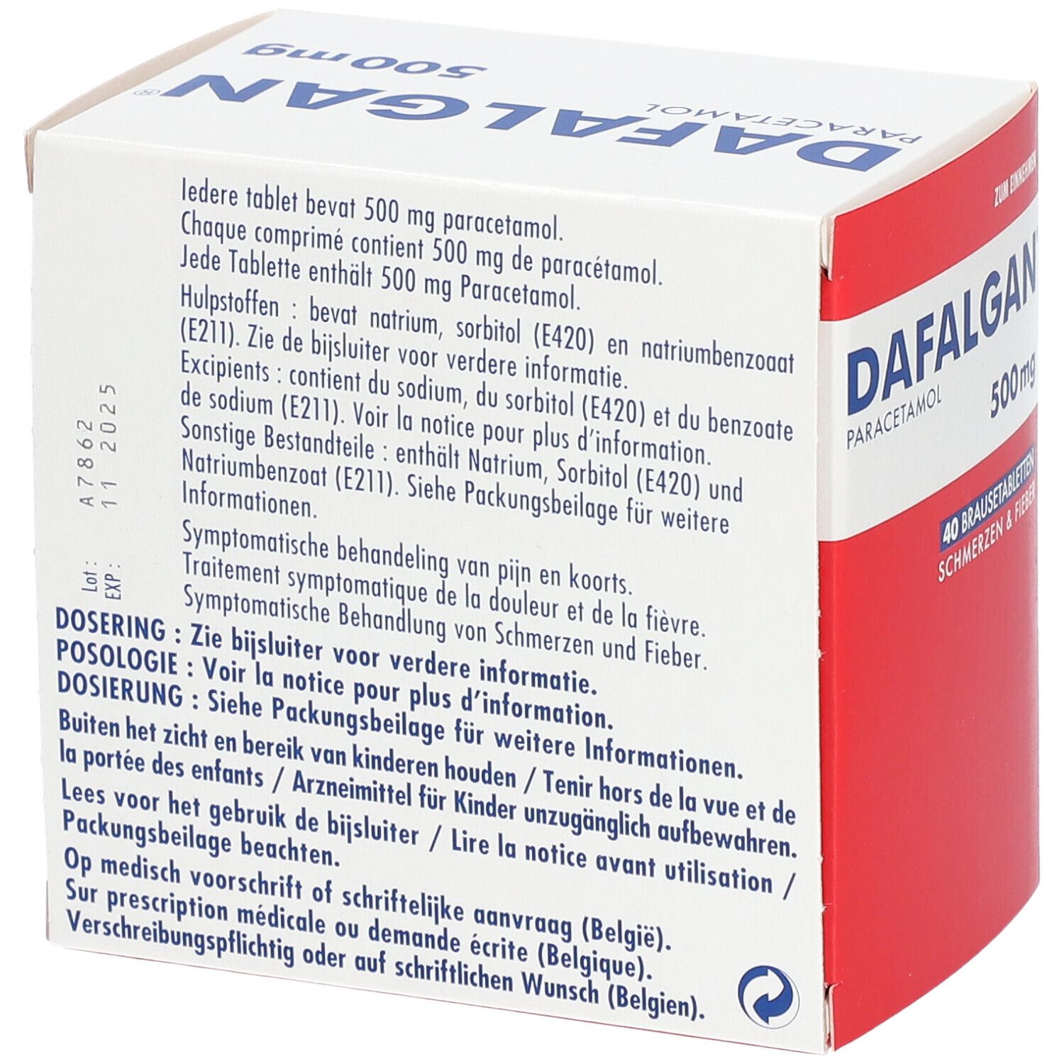 Dos de la boîte Dafalgan. Contient des informations sur les ingrédients, la posologie et les avertissements.