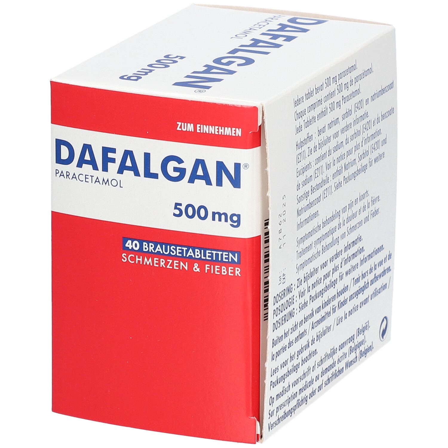 Dafalgan Paracétamol 500mg, 40 comprimés effervescents. Emballage rouge et blanc, texte: À prendre.
