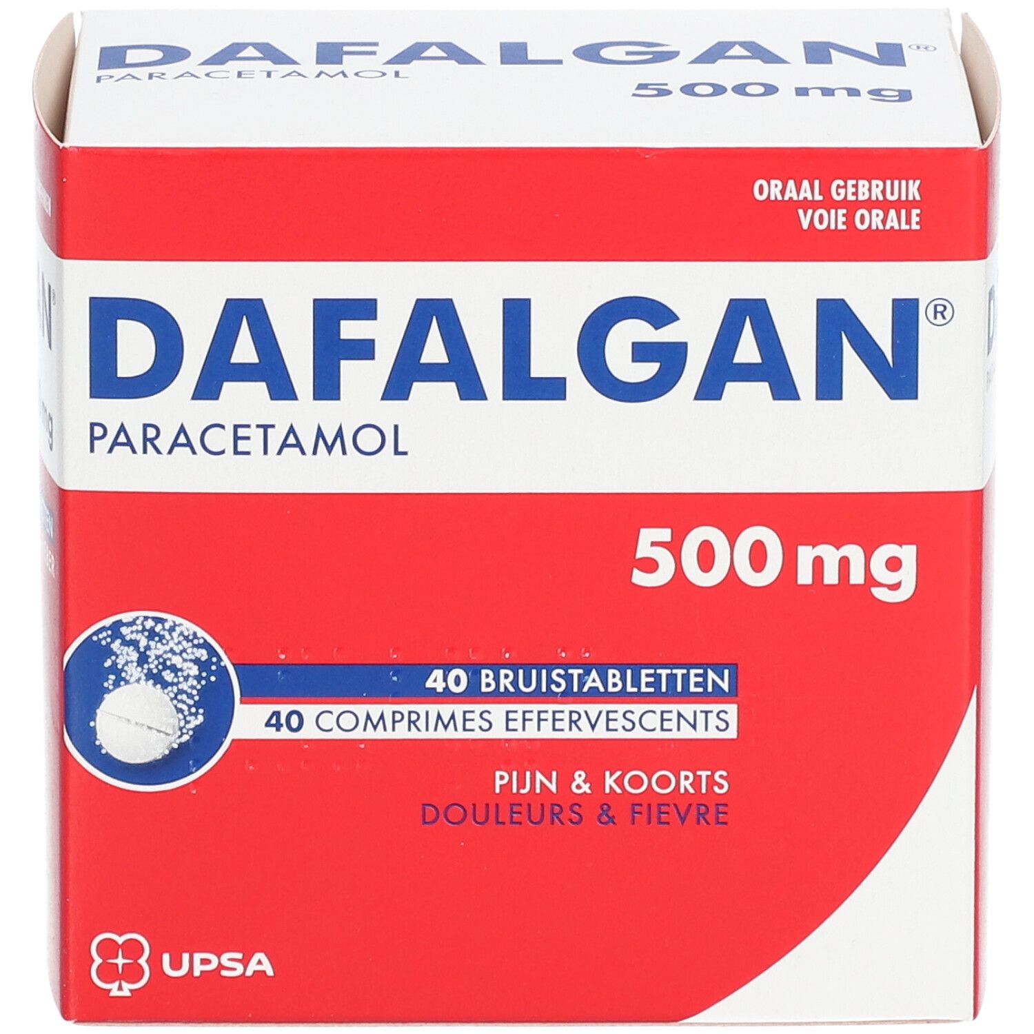 Boîte de Dafalgan Paracétamol 500mg, 40 comprimés effervescents. Emballage rouge et blanc.