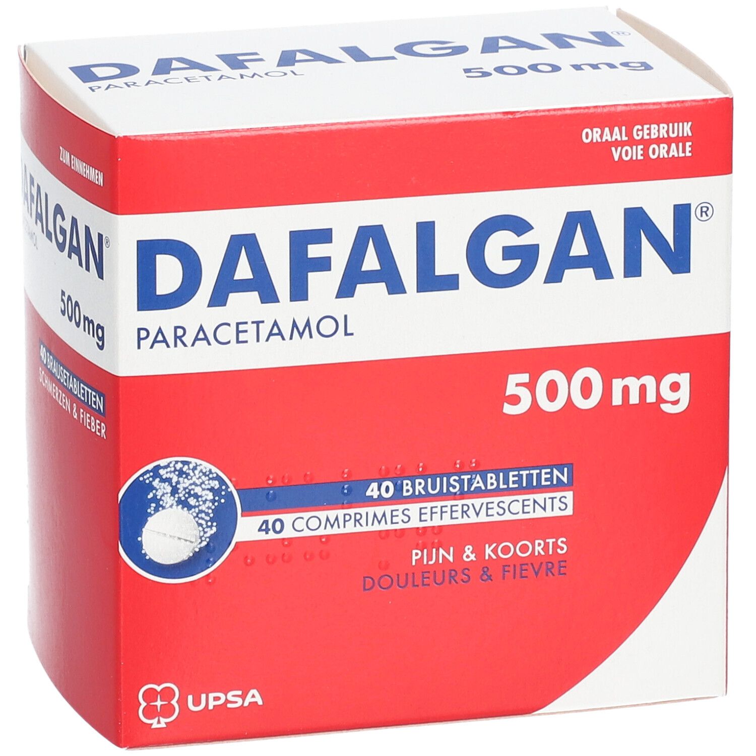 Boîte de Dafalgan Paracétamol 500mg, 40 comprimés effervescents. Emballage rouge et blanc.