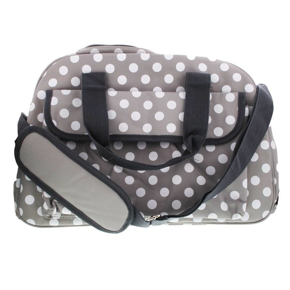 Sac à langer gris à pois blancs. Avec poignées et bandoulière. Détails gris foncé.