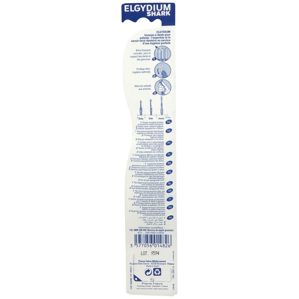 Emballage de la brosse à dents enfant, blanc, avec informations et pictogrammes.