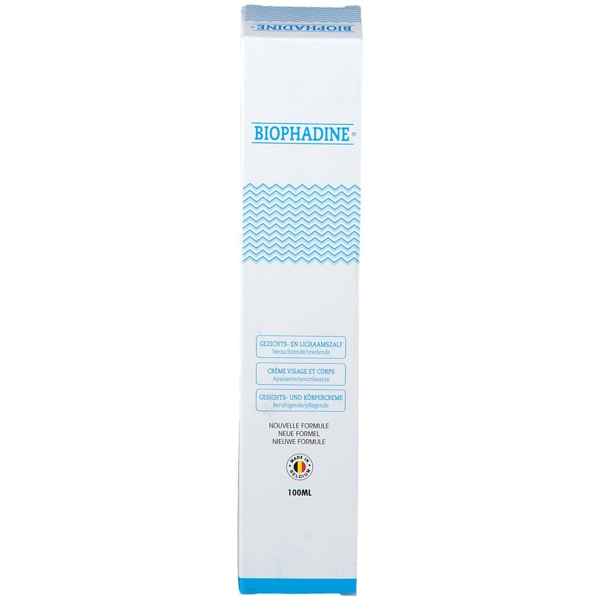 Emballage blanc avec motif vagues bleues. Crème visage et corps. Nouvelle formule. 100 ml. Fabriqué en Belgique.