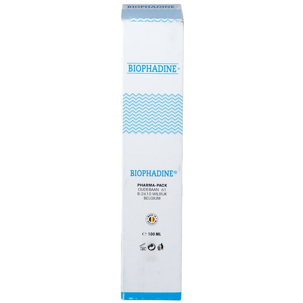 Côté de l'emballage du produit. Texte : Biophadine. Pharma-Pack. Fabriqué en Belgique. Symboles et 100 ml.