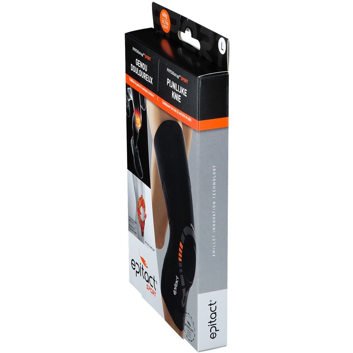 Kniebandage-Verpackung, Seitenansicht. Marke: epitact®. Text: Genou douloureux, Pijnlijke knie. Größe L.