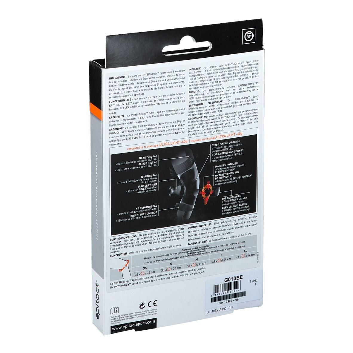 Rückseite der Kniebandagen-Verpackung. Informationen zur Bandage und Größen. Marke: epitact® Sport.