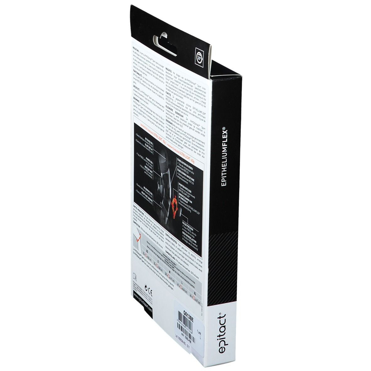 Seitenansicht der Kniebandagen-Verpackung. Text: EPITHELIUMFLEX®. Marke: epitact®.