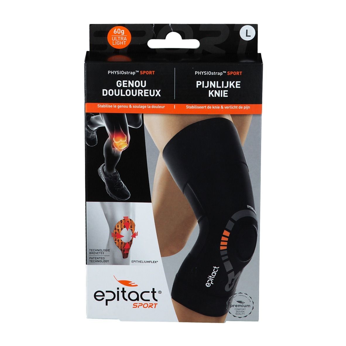 Kniebandage in Verpackung. Größe L. Marke: epitact® Sport. Text: Genou douloureux, Pijnlijke knie.