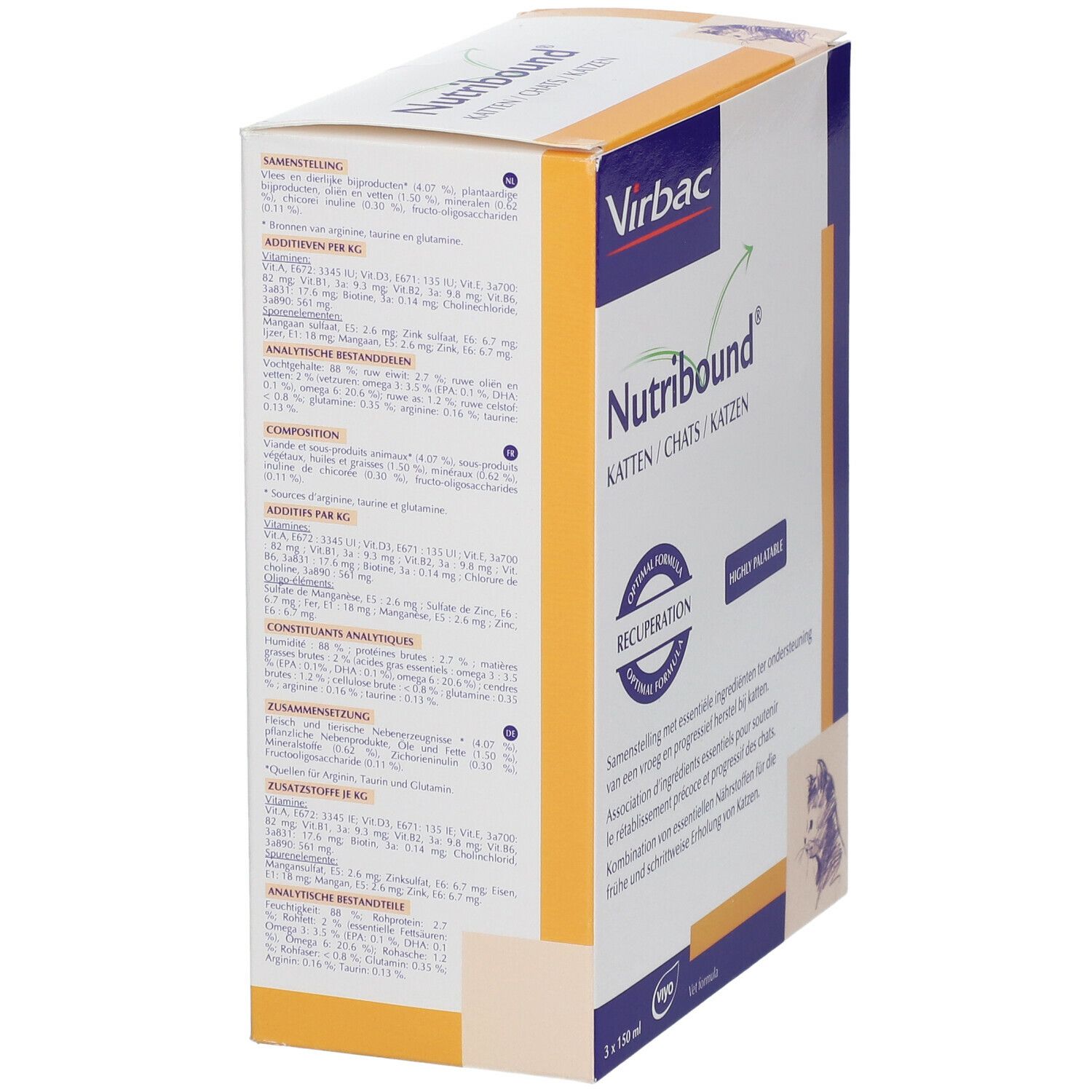 Virbac Nutribound kattenverpakking. Doos met productinformatie, ingrediënten en voedingswaarde-informatie. Kattenafbeelding.