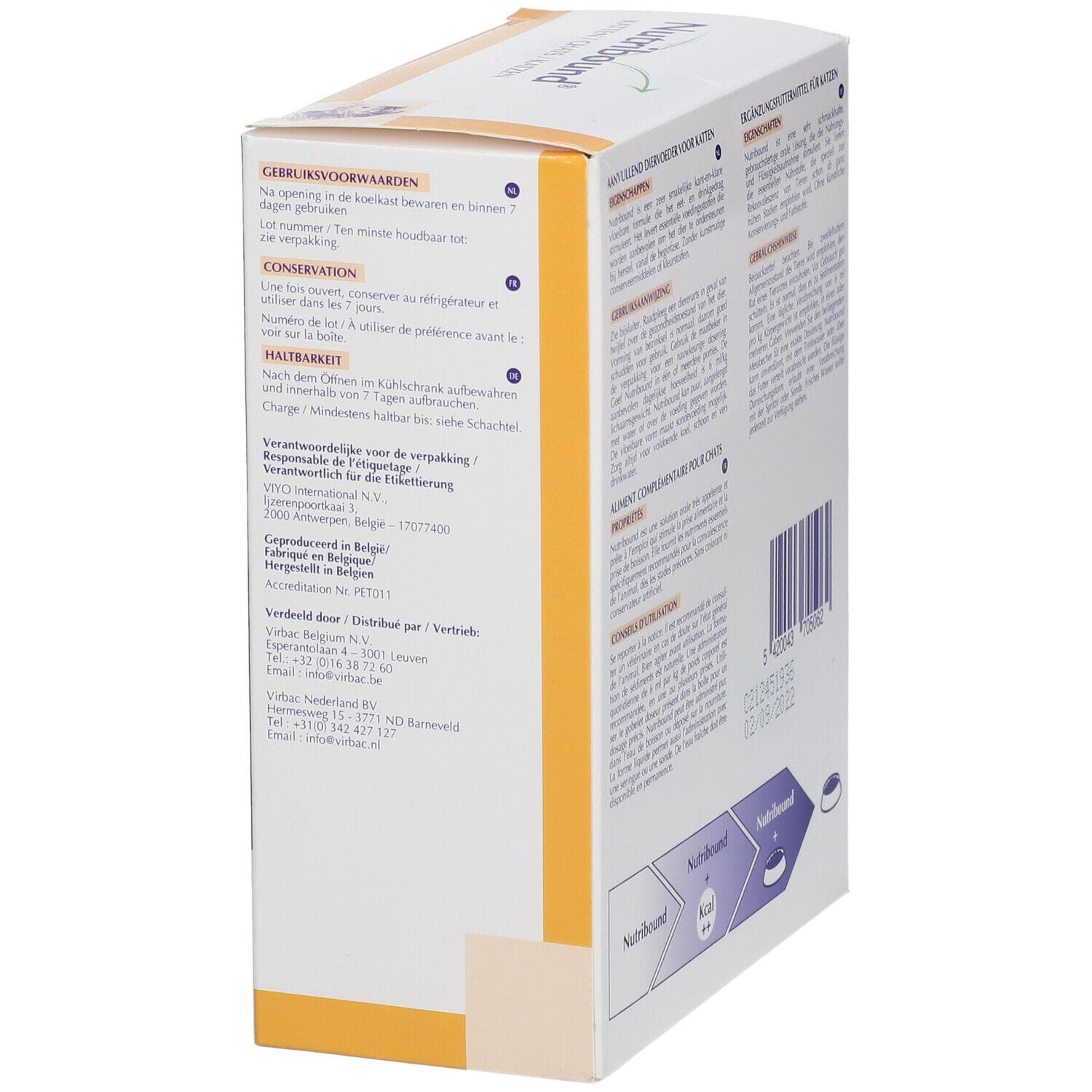 Virbac Nutribound kattenverpakking. Doos met productinformatie en barcode. Kattenafbeelding.