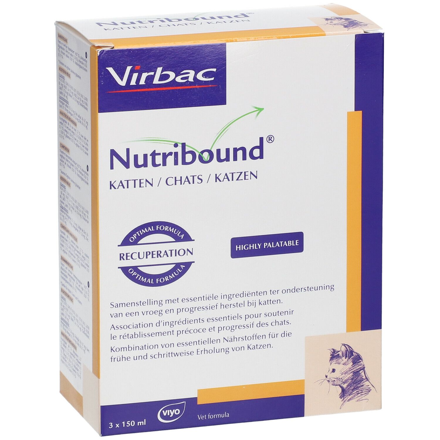 Virbac Nutribound kattenverpakking. Blauwe, witte en gele doos met productnaam en kattenafbeelding. 3 x 150 ml.