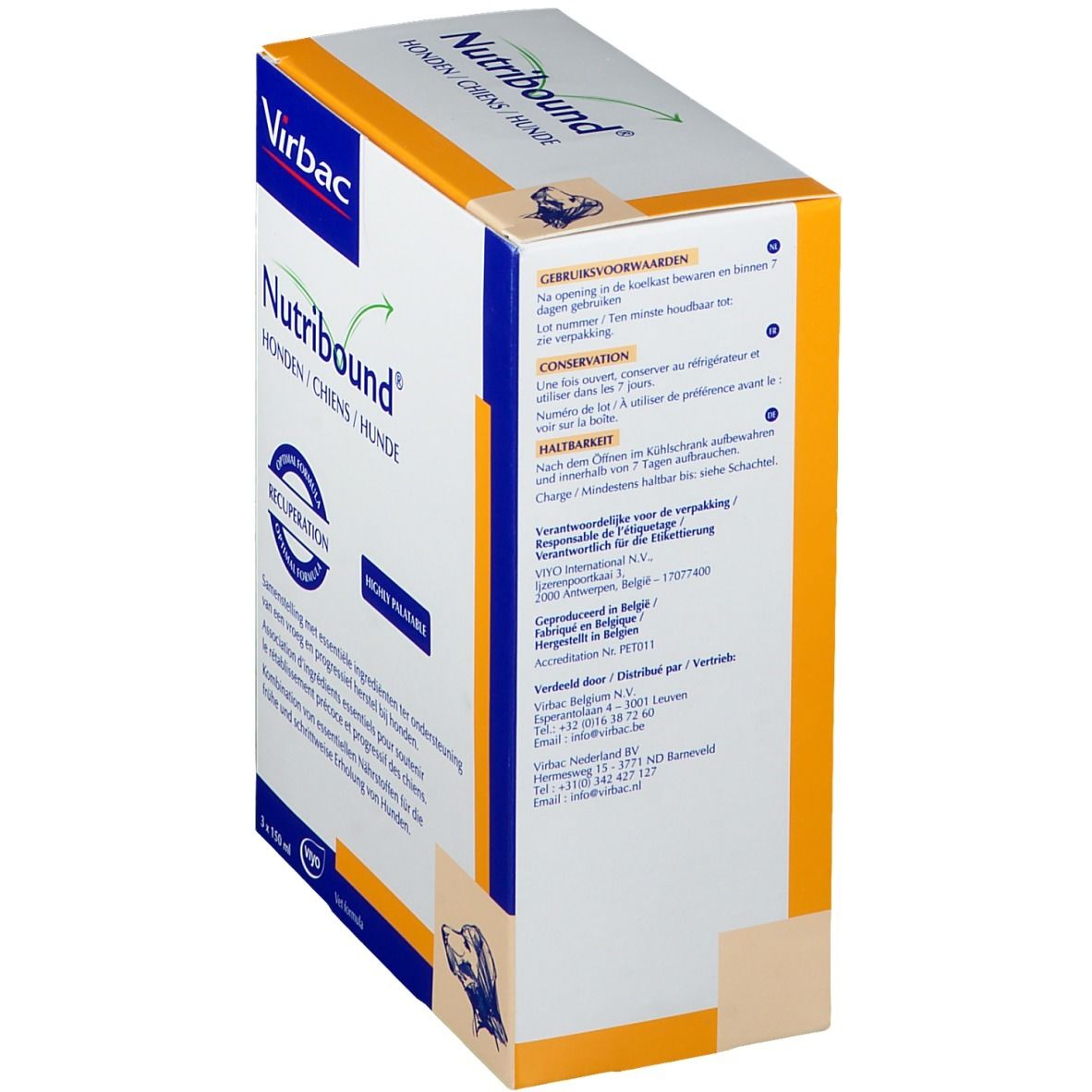 Virbac Nutribound® Box. Rückseite mit Text in mehreren Sprachen. Enthält Informationen zur Anwendung und Lagerung.