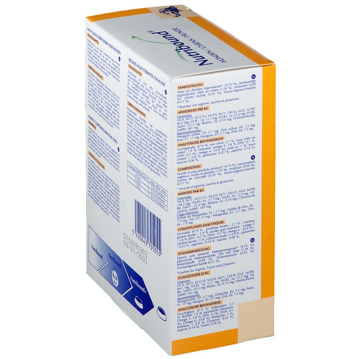 Virbac Nutribound® Box. Rückseite mit Text in mehreren Sprachen. Enthält Informationen zu Inhaltsstoffen und Analyse.