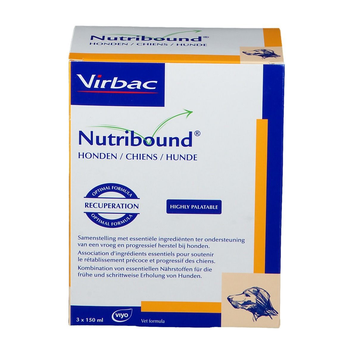 Virbac Nutribound® Box. Enthält 3x150 ml. Aufschrift: HONDEN / CHIENS / HUNDE. Optimal Formula für Hunde. Hochverdaulich.