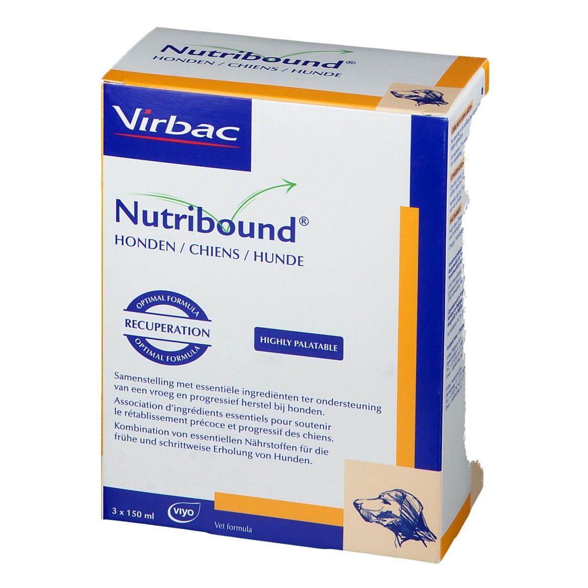 Virbac Nutribound® Box. Enthält 3x150 ml. Aufschrift: HONDEN / CHIENS / HUNDE. Optimal Formula für Hunde. Hochverdaulich.