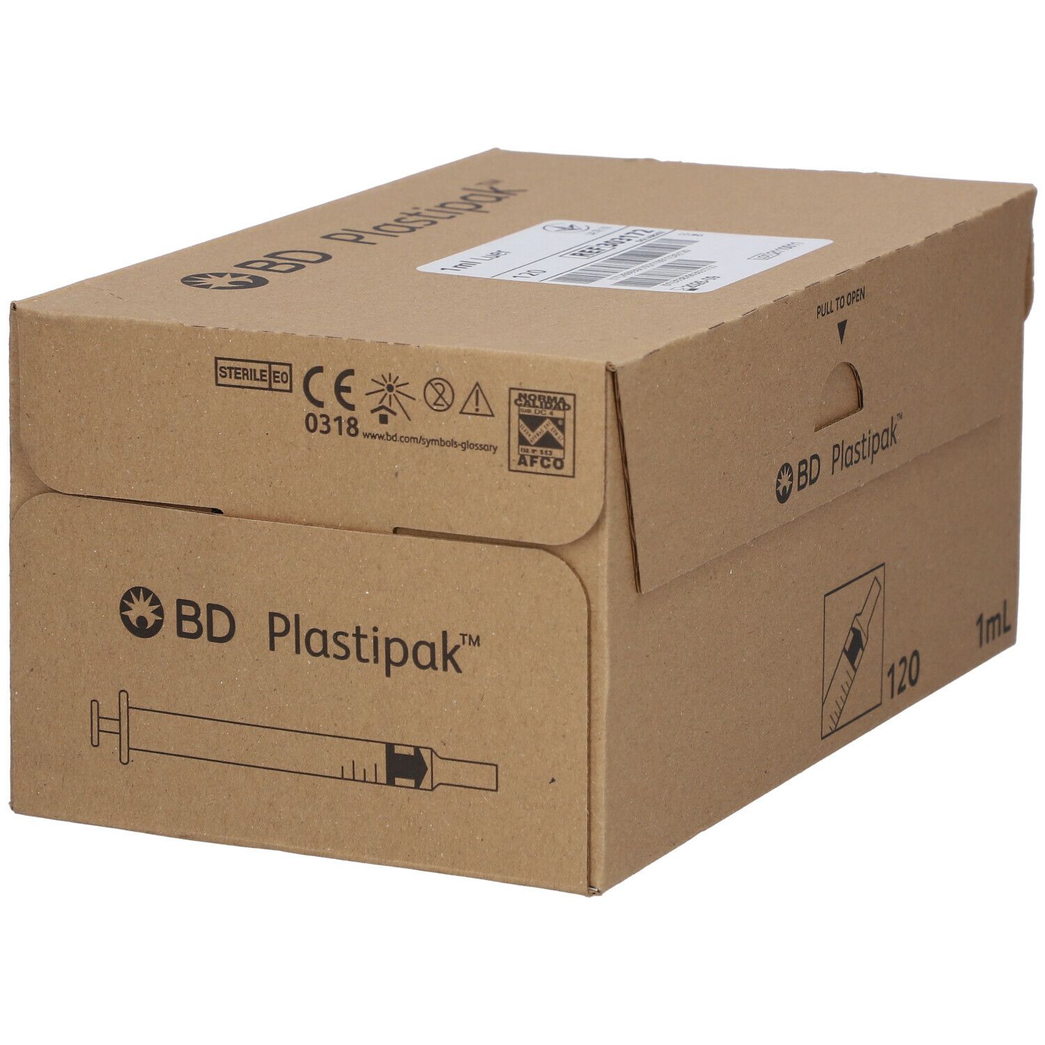 Kartonverpackung mit "BD Plastipak"-Logo, 120 Spritzen, 1 ml. Braune Pappschachtel mit CE-Kennzeichnung.
