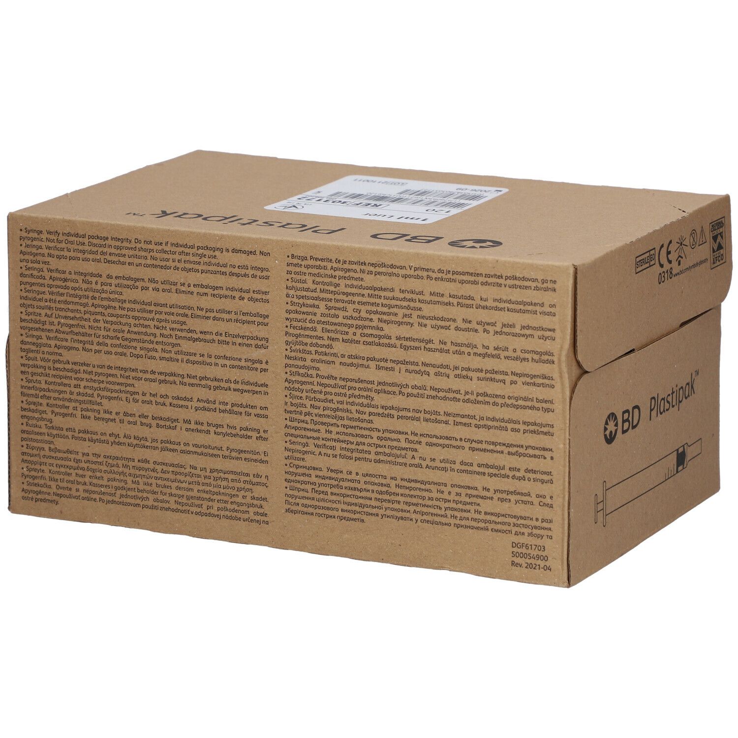 Braune Kartonverpackung mit "BD Plastipak"-Logo und Text. Enthält Produktinformationen und Logos.