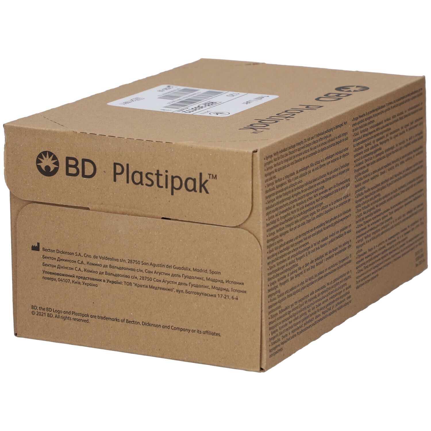 Braune Kartonverpackung mit "BD Plastipak"-Logo und Text. Enthält Produktinformationen und Logos.