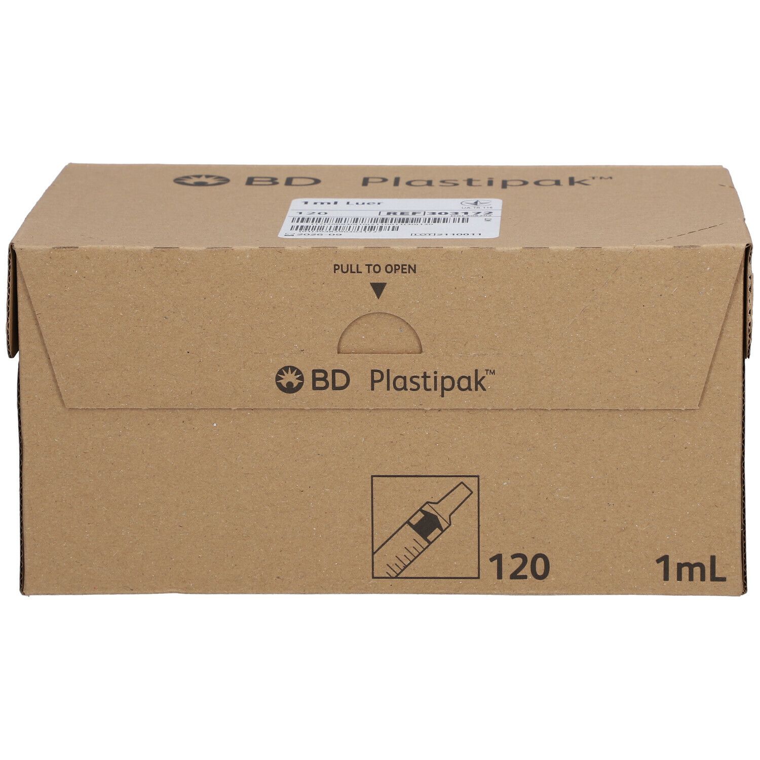 Kartonverpackung mit "BD Plastipak"-Logo, 120 Spritzen, 1 ml. Braune Pappschachtel mit Produktabbildung.