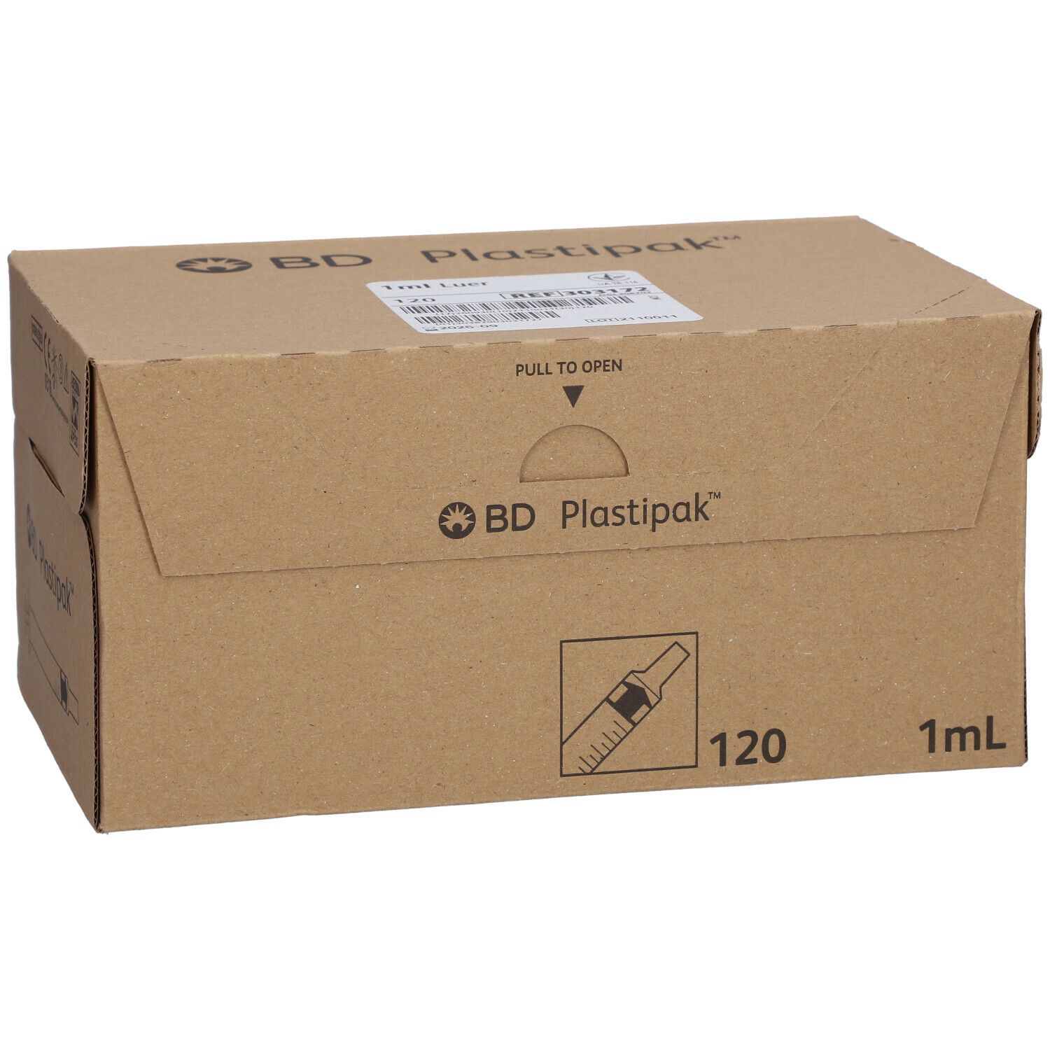 Kartonverpackung mit "BD Plastipak"-Logo, 120 Spritzen, 1 ml. Braune Pappschachtel mit Produktabbildung.