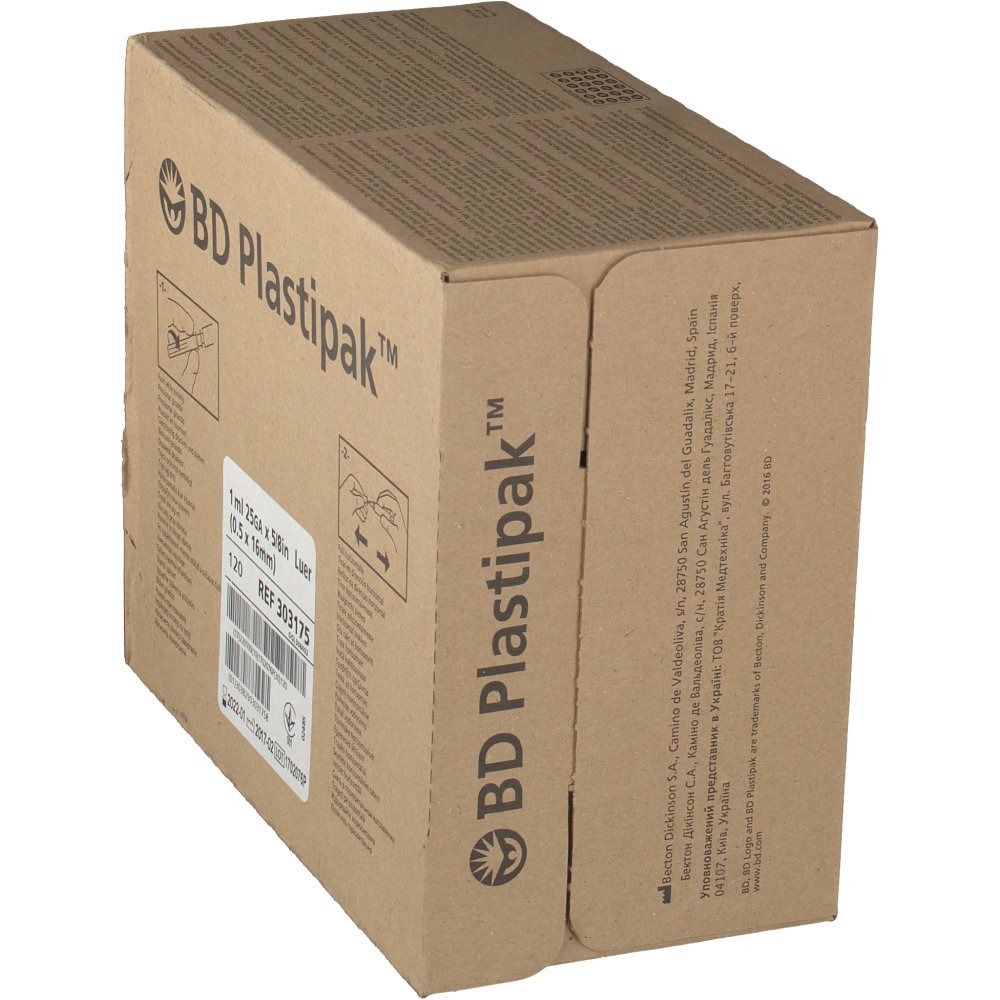 Doos van BD Plastipak™. Opschrift: 1 ml 25GA x 5/8in Luer (0.5 x 16mm). Referentie 303175. Productverpakking.