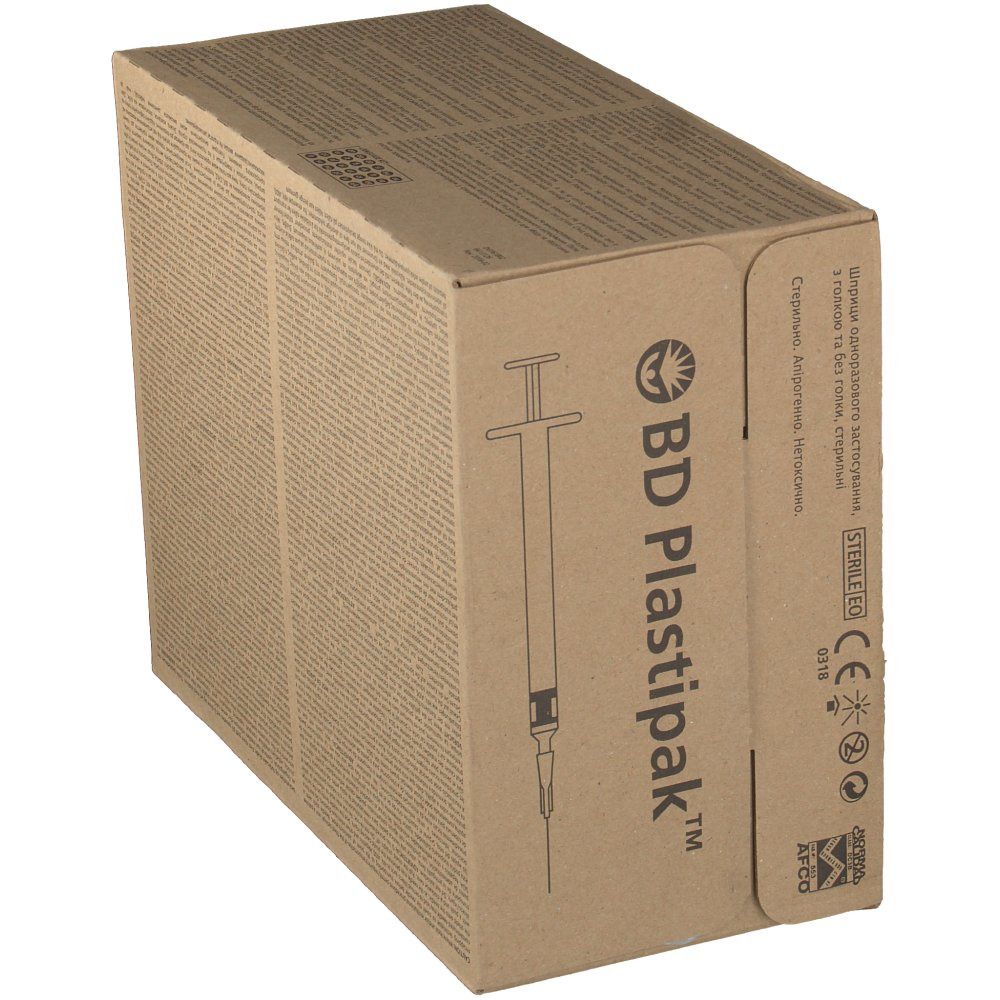Doos van BD Plastipak™. Afdruk van een spuit. Opschrift: Steriel EO, CE-markering. Productverpakking.