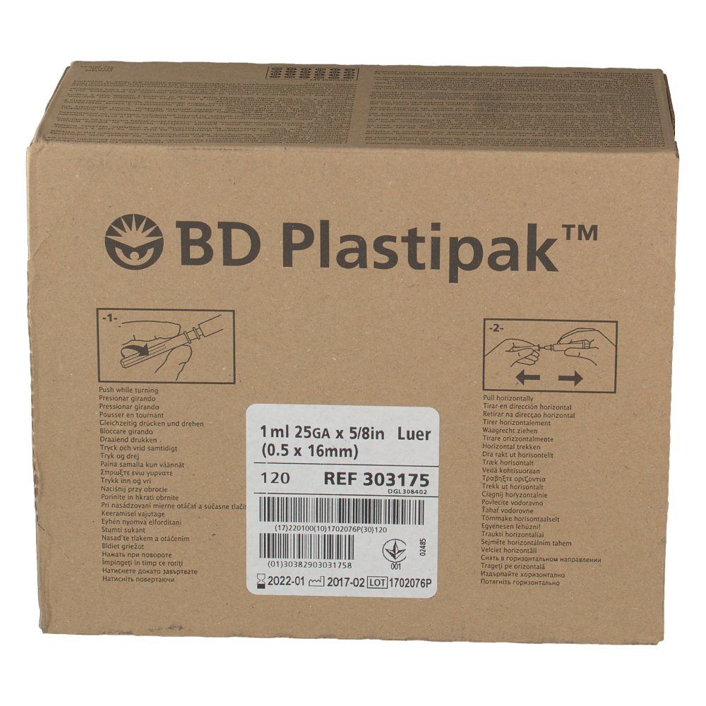 Doos van BD Plastipak™. Bevat 120 spuiten. Opschrift: 1 ml 25GA x 5/8in Luer (0.5 x 16mm). Referentie 303175.