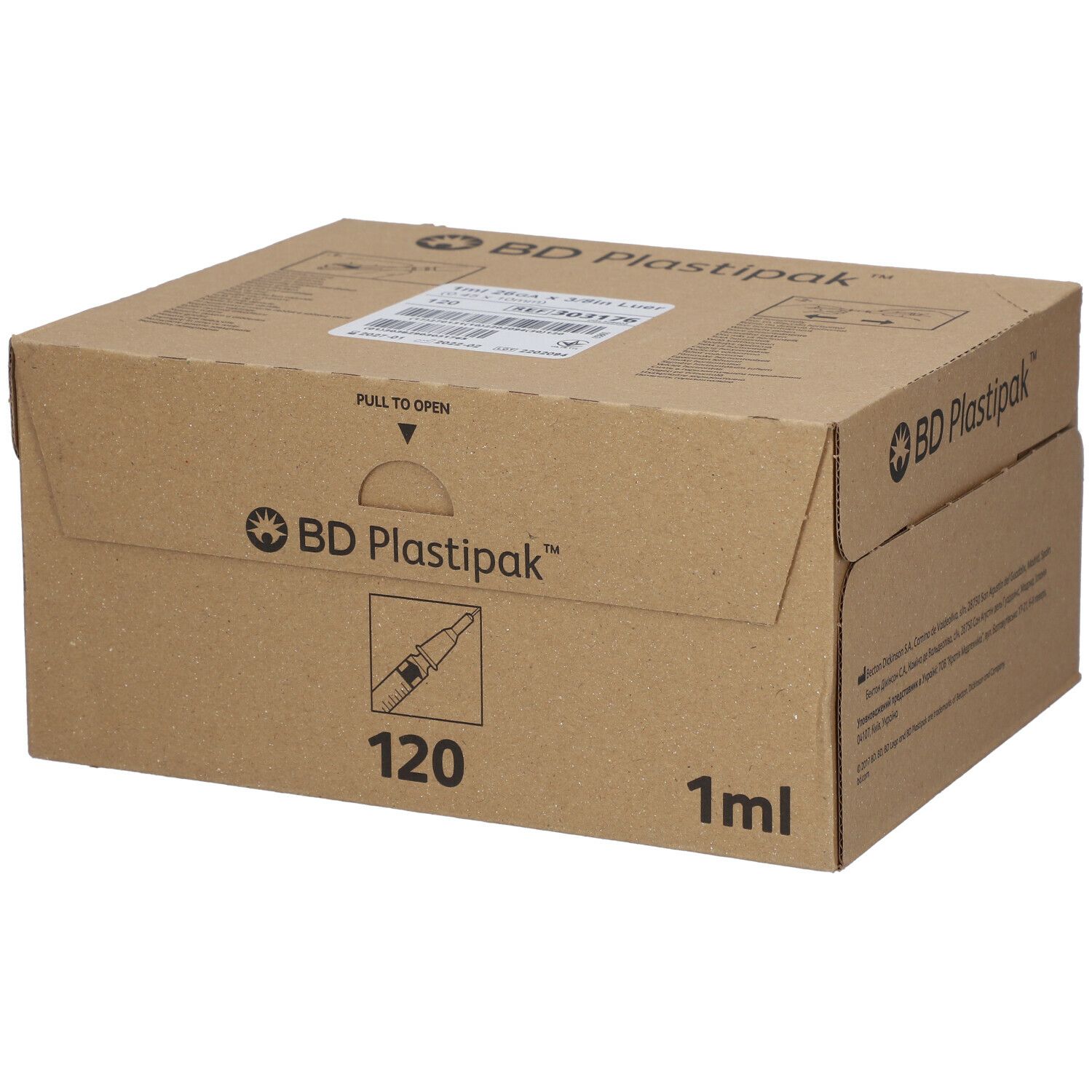 Boîte en carton BD Plastipak. Inscriptions : 120, 1 ml. Flèche : Tirer pour ouvrir.