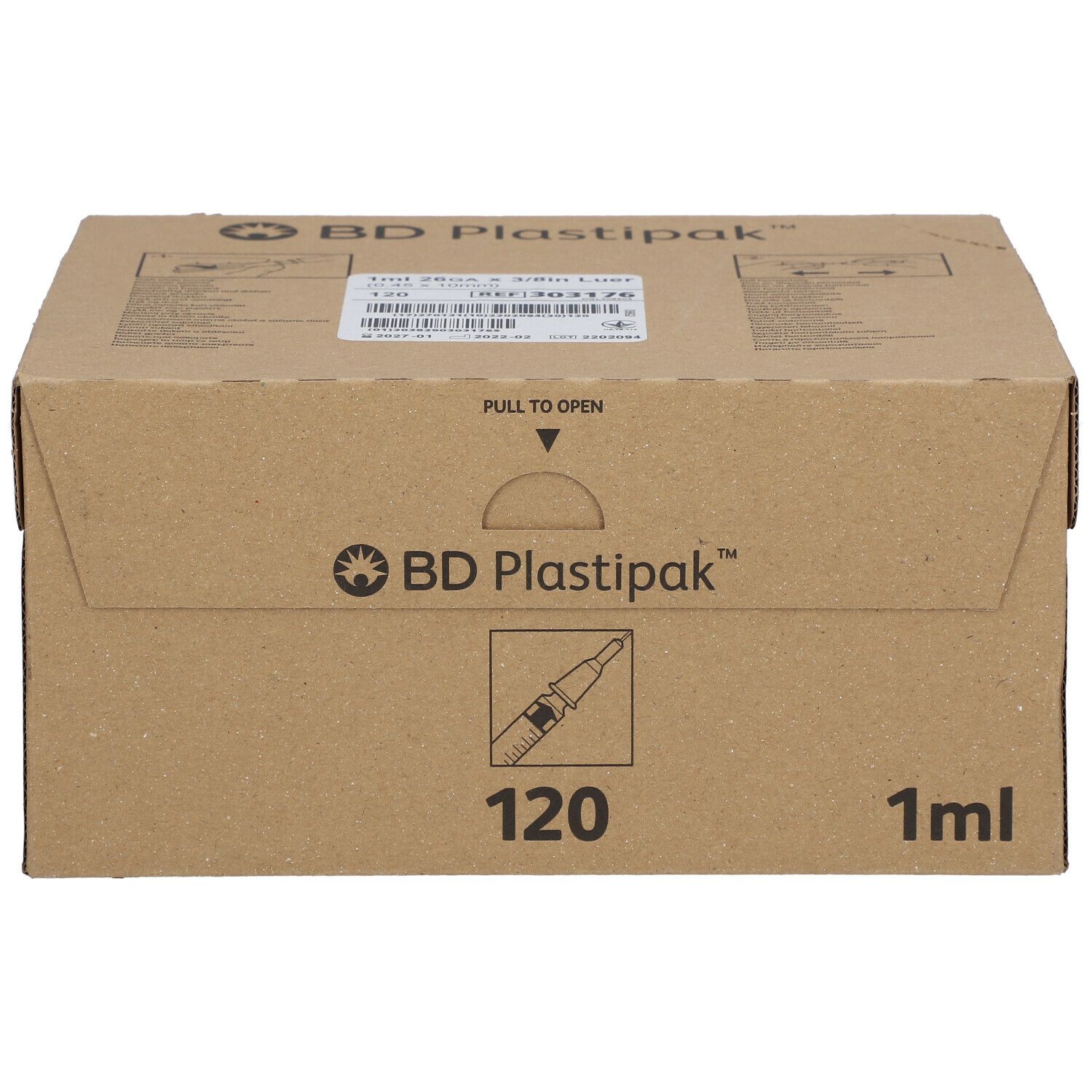 Boîte en carton BD Plastipak. Inscriptions : 120, 1 ml. Flèche : Tirer pour ouvrir. Illustration d'une seringue.