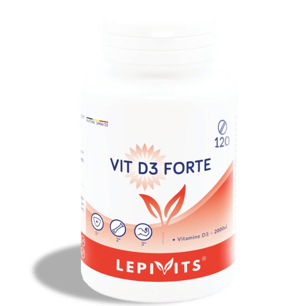 Witte fles met rood etiket. Opschrift: VIT D3 FORTE, LEPIVITS. Bevat 120 tabletten.