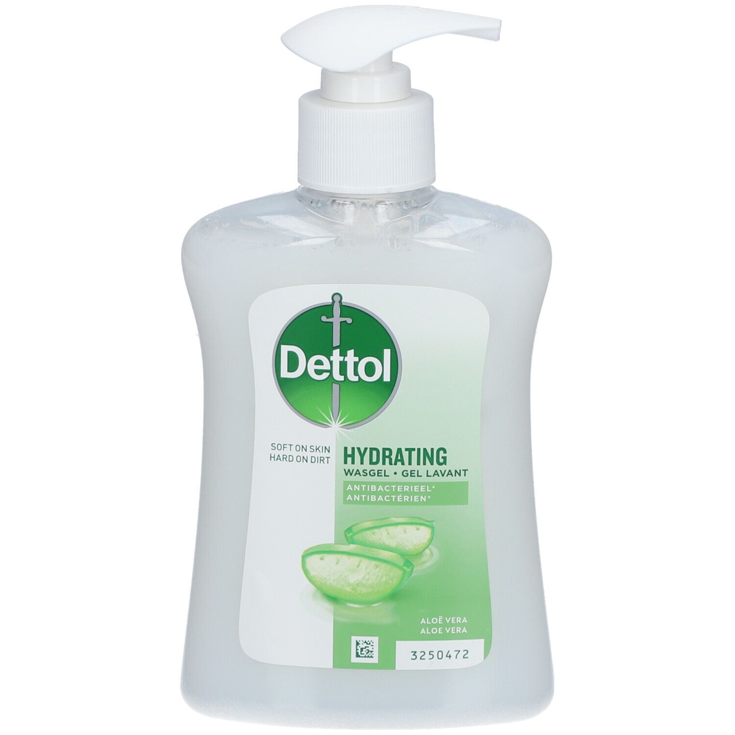 Gel nettoyant Dettol avec pompe. Gel blanc, étiquette verte avec image d'aloe vera. Texte: Hydratant, antibactérien.