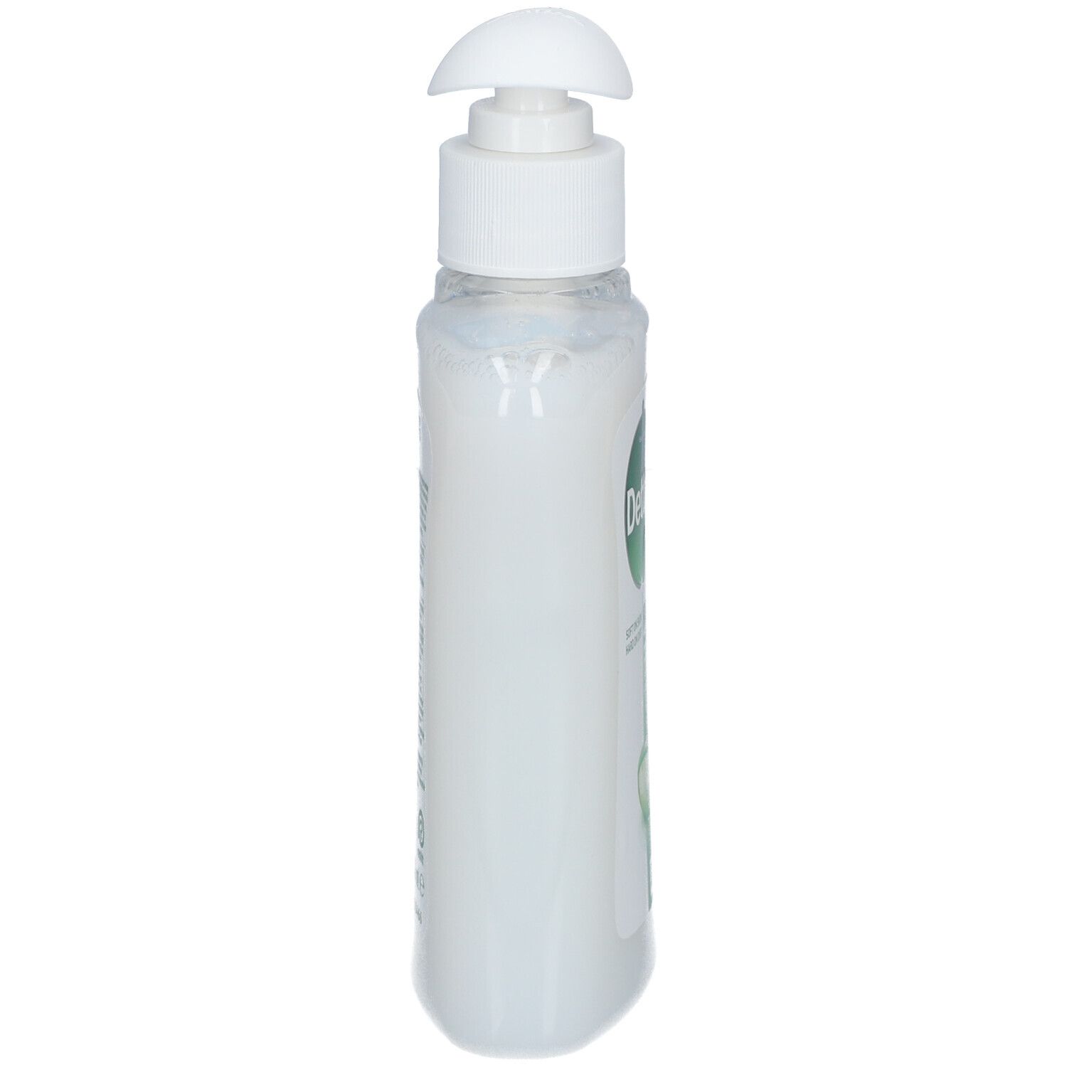 Gel nettoyant Dettol, vue latérale. Bouteille blanche avec pompe blanche. Étiquette avec texte et image d'aloe vera.