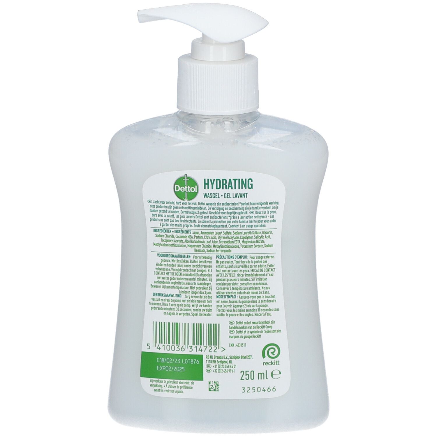 Dos de la bouteille de gel nettoyant Dettol. Informations textuelles, ingrédients, instructions d'utilisation. 250 ml, numéro de lot.