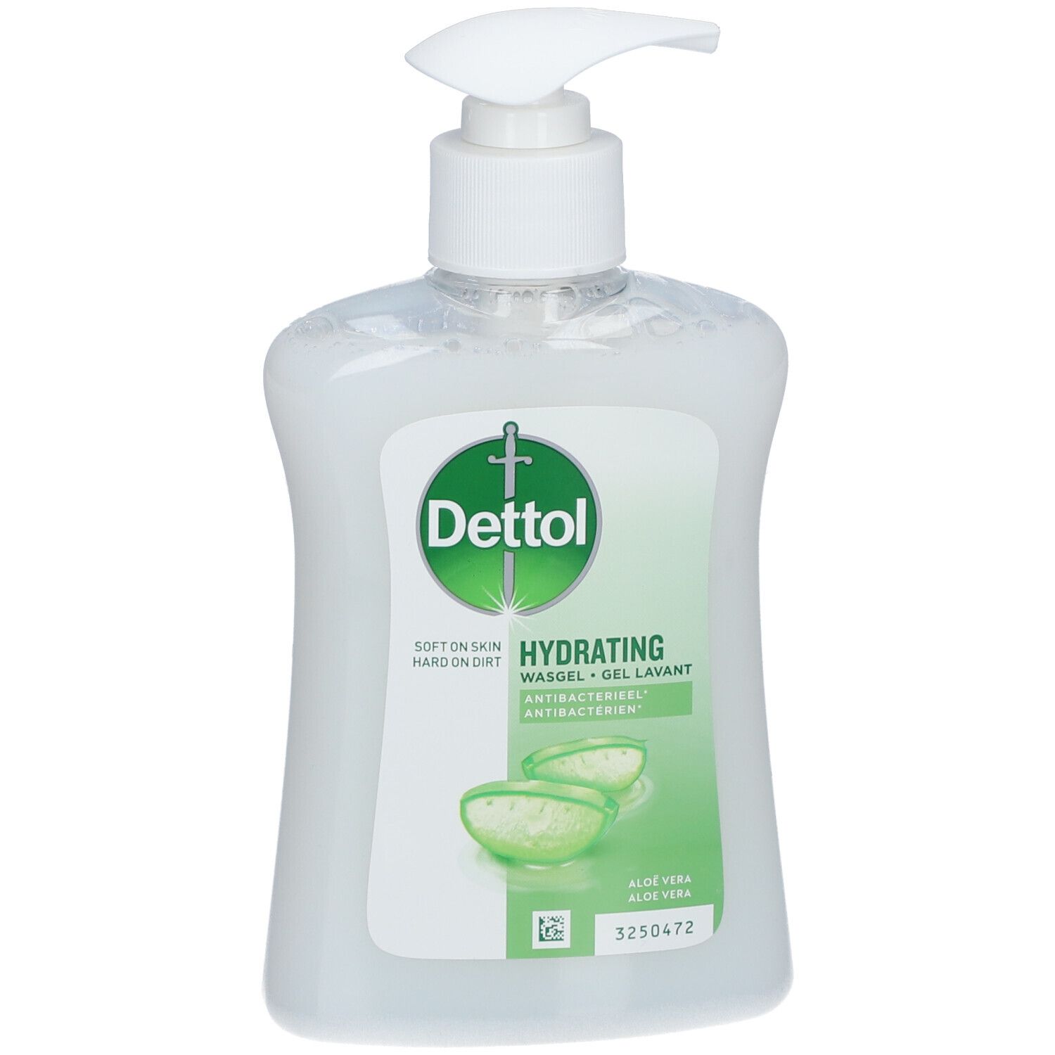 Gel nettoyant Dettol avec pompe. Bouteille blanche, étiquette verte avec image d'aloe vera. Texte: Hydratant, antibactérien.