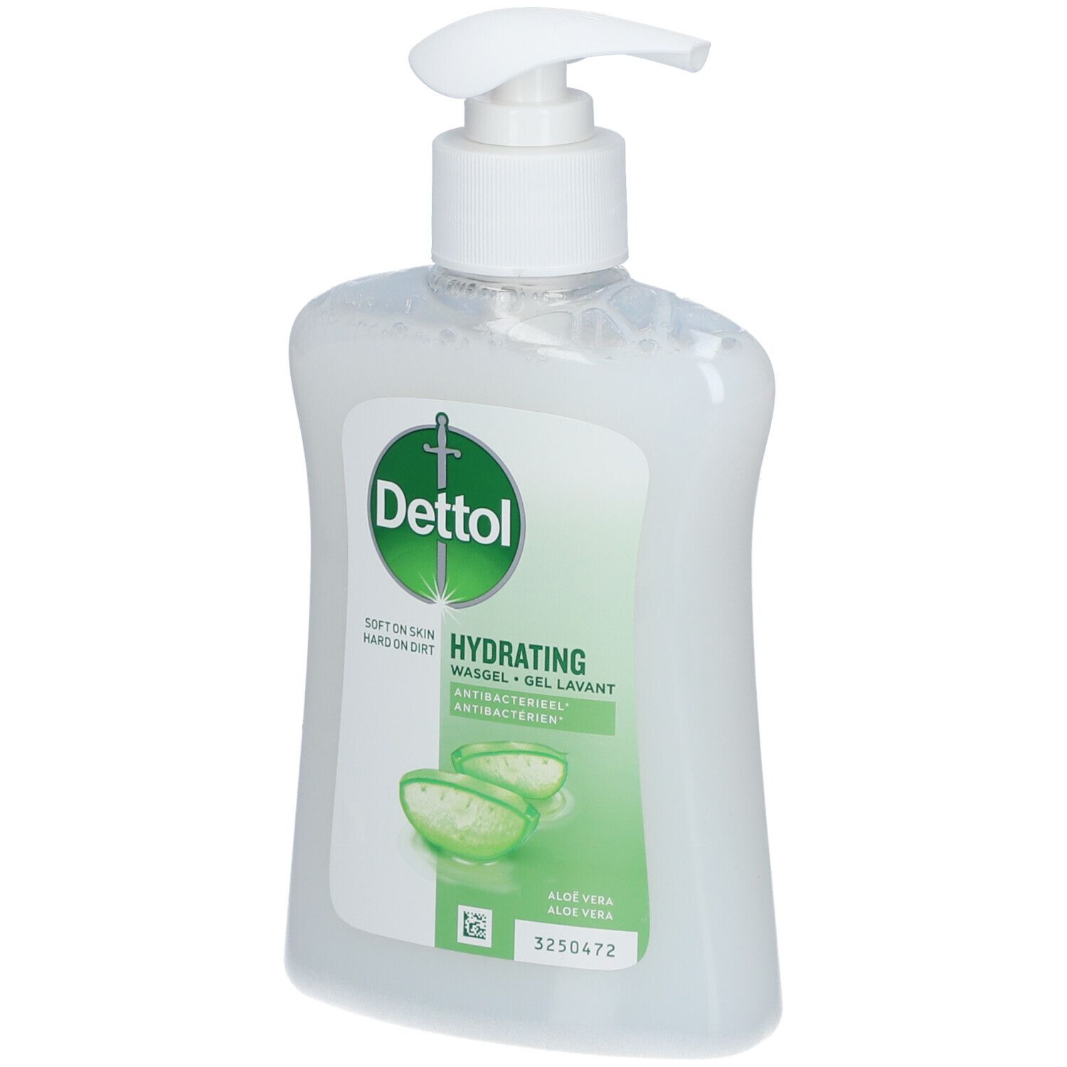 Gel nettoyant Dettol avec pompe. Bouteille blanche, étiquette verte avec image d'aloe vera. Texte: Hydratant, antibactérien.