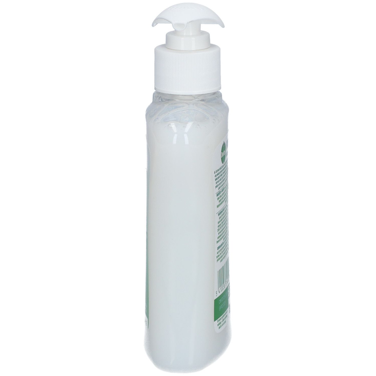 Gel nettoyant Dettol, vue latérale. Bouteille blanche avec pompe blanche. Étiquette avec texte.