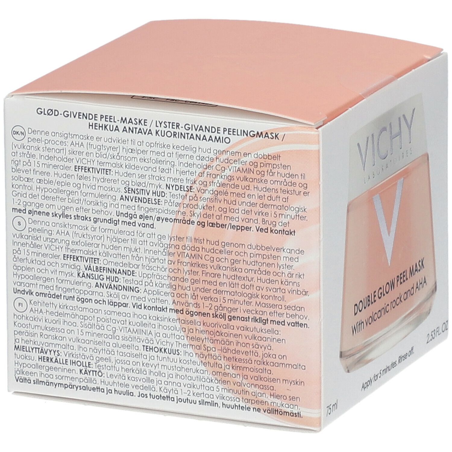 Dos de la boîte de la VICHY Mineral-Maske. Texte multilingue. Nom du produit: GLØD-GIVENDE PEEL-MASKE / LYSTER-GIVANDE PEELINGMASK / HANKUA ANTTAVA KUORINTAAMIO.