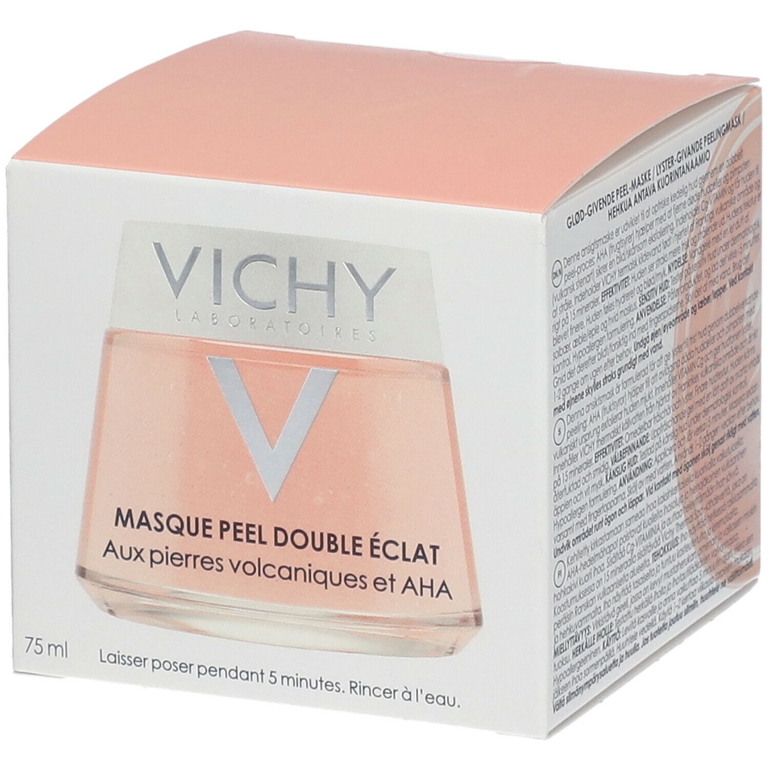 Boîte de la VICHY Mineral-Maske. Inscription: MASQUE PEEL DOUBLE ÉCLAT. Avec pierres volcaniques et AHA. 75 ml. Application: Laisser agir 5 minutes. Rincer à l'eau.