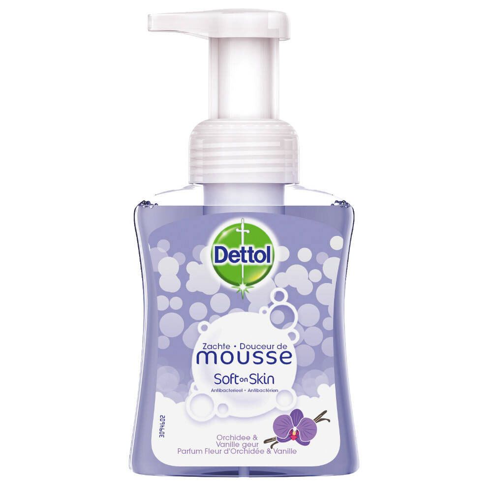 Mousse nettoyante Dettol®. Flacon avec pompe. Liquide violet. Orchidée & Vanille. Douceur de mousse.