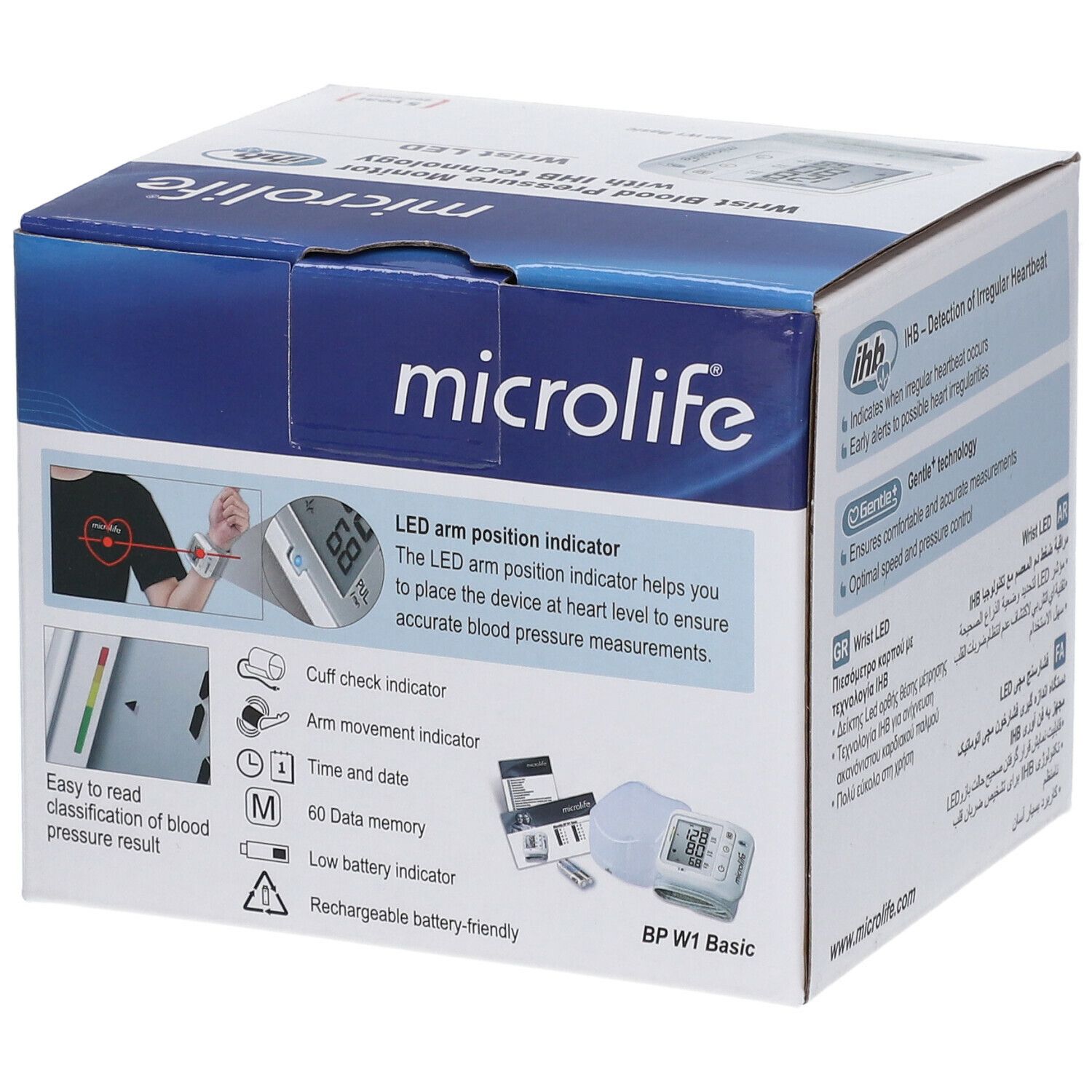 Dos de la boîte du tensiomètre de poignet Microlife. Affiche des icônes et des informations sur l'utilisation et les fonctionnalités.