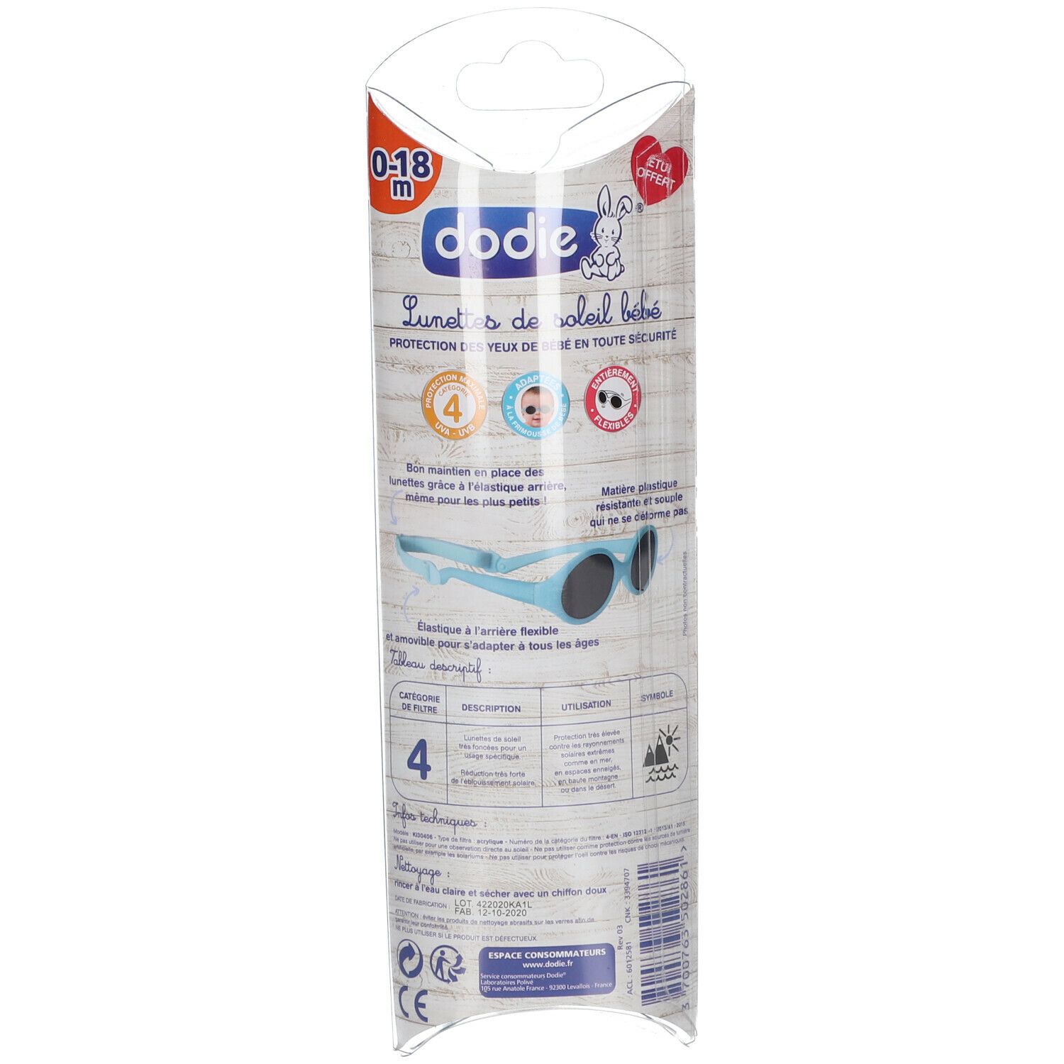 Rückseite der Baby-Sonnenbrillenverpackung. Text mit Produktinformationen, Marke Dodie, Kategorie 4 UV-Schutz. CE-Kennzeichnung.