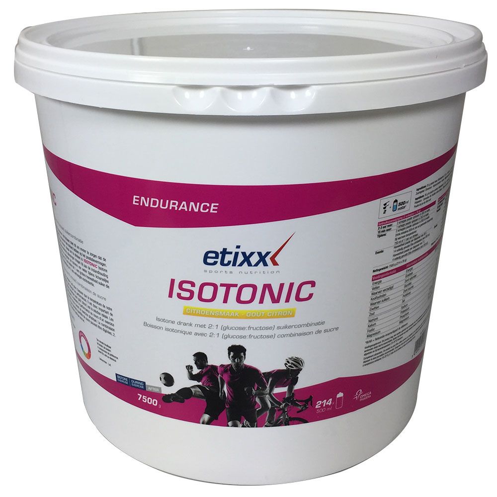 Seau blanc avec couvercle. Inscription : Etixx Isotonic. Bandes roses avec texte et sportifs. Contient 7500g.
