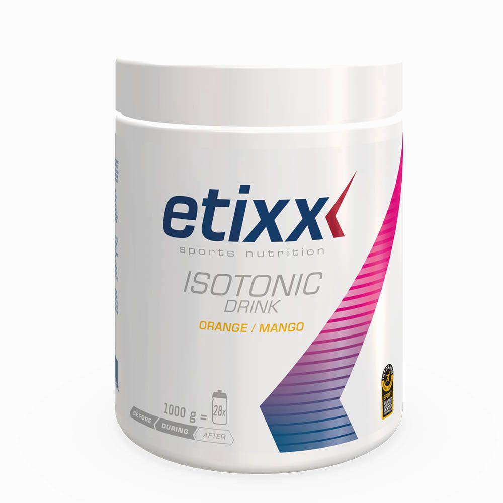 Voorkant witte pot. Etixx Isotonic Drink Orange/Mango. 1000g.
