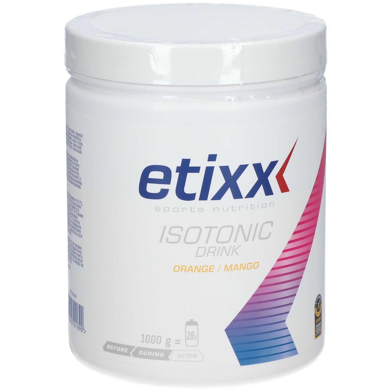 Witte pot Etixx Isotonic Drink Orange/Mango. 1000g. Deksel zichtbaar.