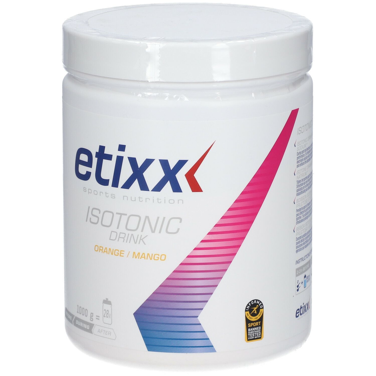 Witte pot Etixx Isotonic Drink Orange/Mango. 1000g. Deksel zichtbaar.