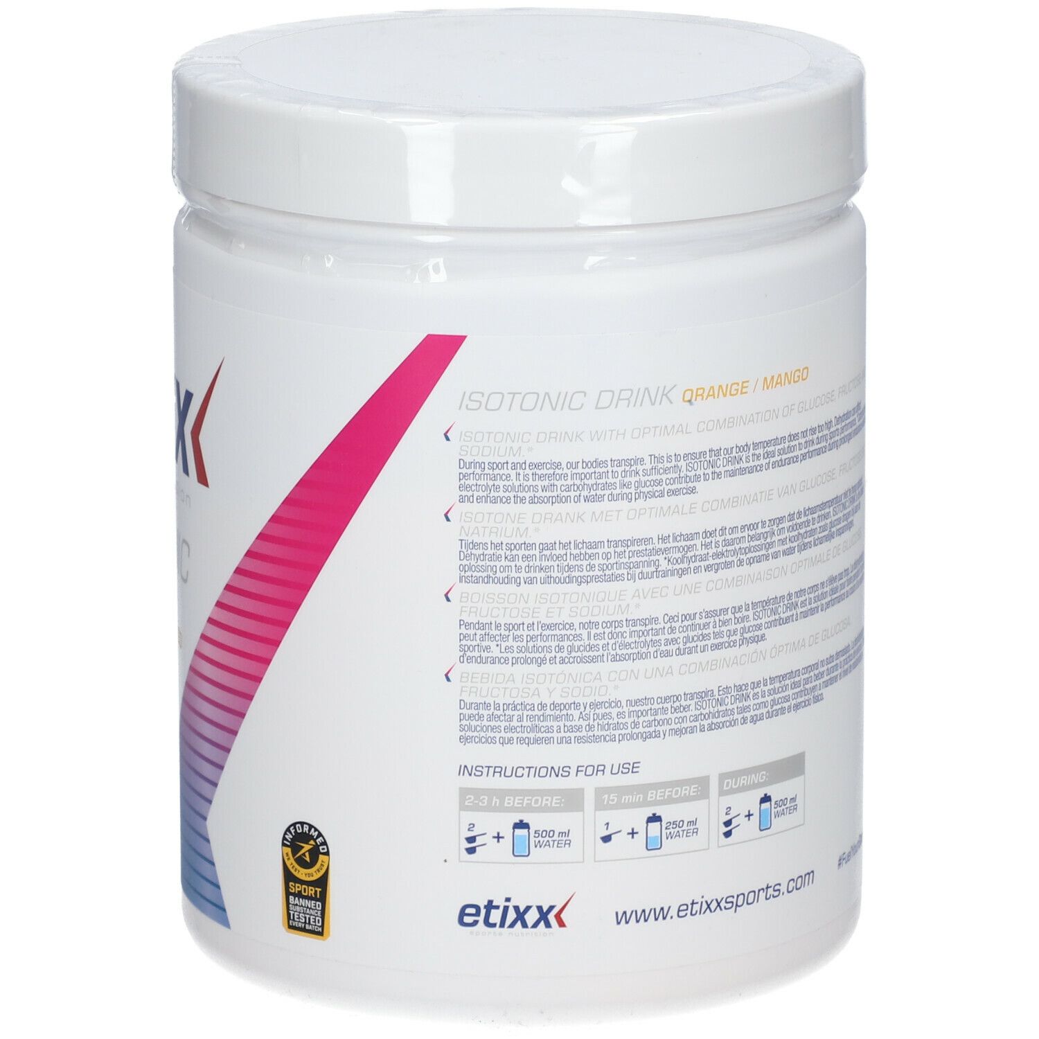 Witte pot Etixx Isotonic Drink Orange/Mango. 1000g. Deksel zichtbaar.