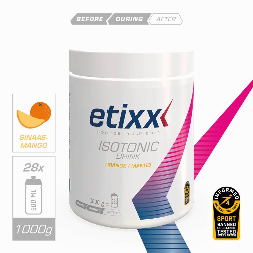 Voorkant witte pot. Etixx Isotonic Drink Orange/Mango. 1000g.