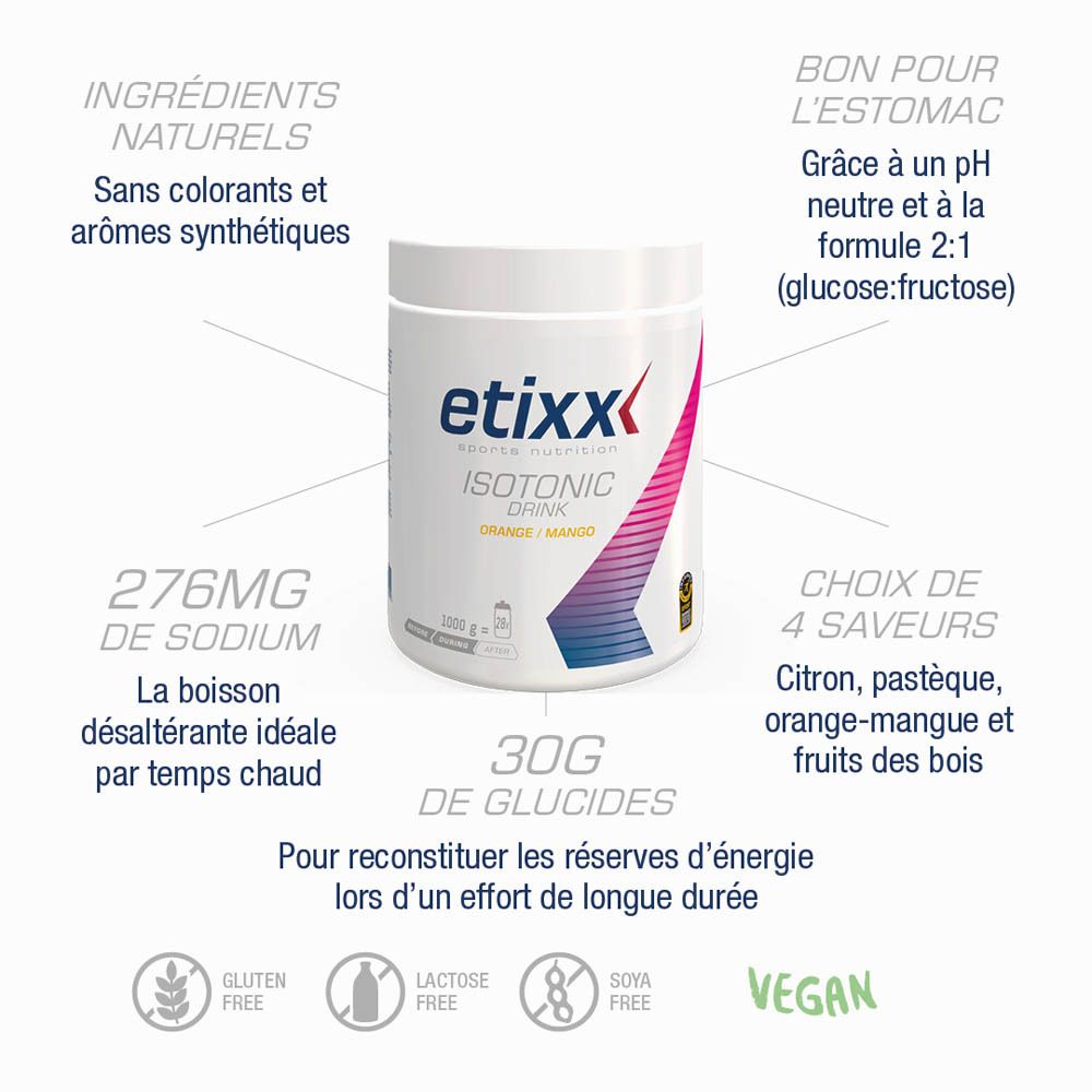 Etixx Isotonic Drink Orange/Mangue. Diagramme avec ingrédients et valeurs nutritionnelles.